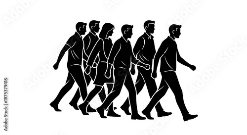 A group of businessmen walking in a line, dressed in formal attire.