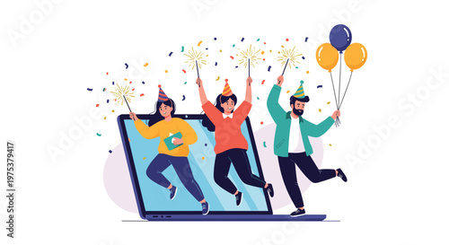 Three happy friends celebrating together through a laptop screen with party hats, sparklers, balloons, and confetti.