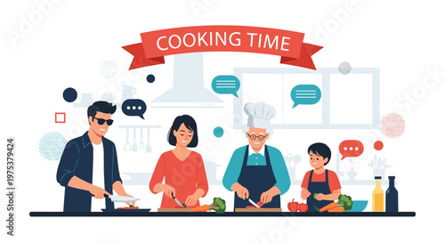 Diverse family including a grandfather, parents, and a child cooking together in a kitchen under a cooking time banner.