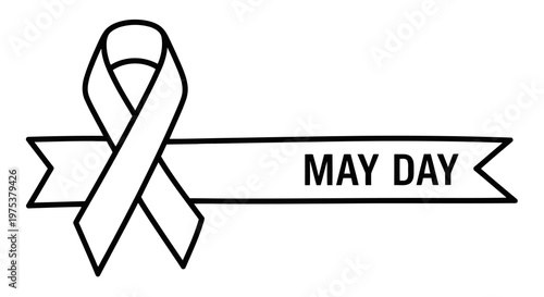 A black and white ribbon with may day text symbolizing awareness and support.