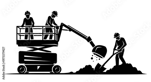 Workers operating heavy machinery on a construction site with caution and precision.