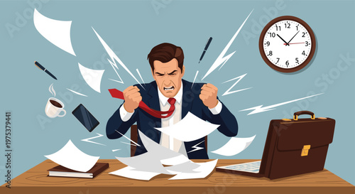 Furious businessman shouting and clenching his fists at a desk with papers, pens, and a coffee cup flying through the air.