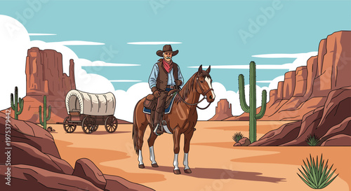 Rugged cowboy on a horse in a classic western desert landscape with red rock formations, cacti, and a covered wagon.