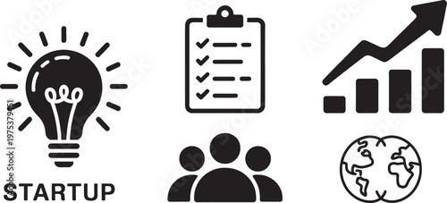 Business symbols including a lightbulb for ideas, a checklist for planning, a growth chart for success, and a globe for international reach represent foundational elements of a modern startup culture.