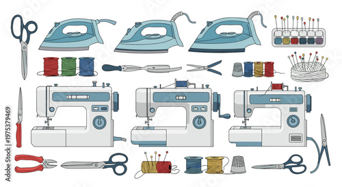 Comprehensive collection of sewing and tailoring equipment including modern machines, irons, threads, needles, and scissors.