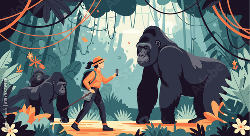 Female explorer taking a photo of a large gorilla in a lush tropical jungle surrounded by other gorillas and dense greenery.