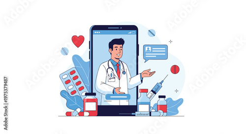 Online medical consultation concept with a male doctor on a smartphone screen surrounded by medicine bottles and capsules.