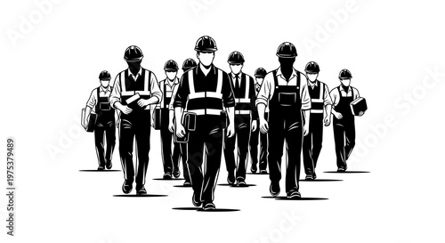 Group of construction workers walking together in a uniform