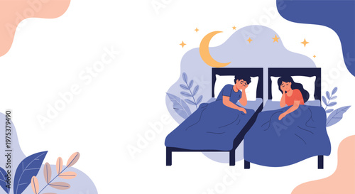 Couple resting in separate single beds in a peaceful bedroom setting with a large crescent moon and stars in the background.