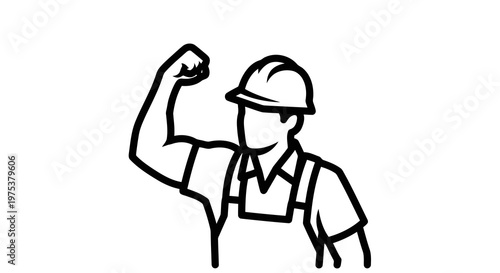 A simple line drawing of a construction worker flexing their arm.
