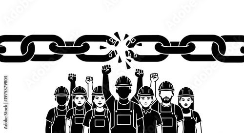 Group of workers breaking free from chains, symbolizing labor liberation and solidarity.