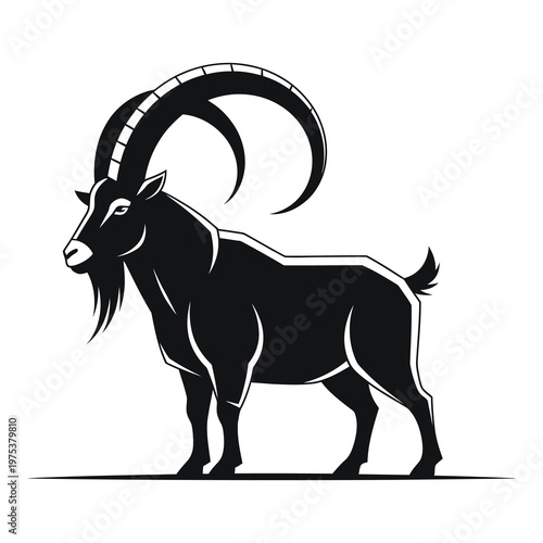Black and white illustration of a goat with large curved horns standing alone icon