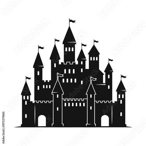 Silhouette of a Majestic Castle with Towers and Flags