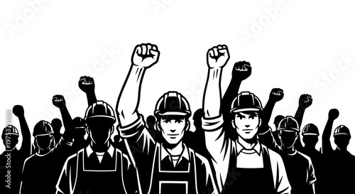 Workers united in solidarity with raised fists in protest.