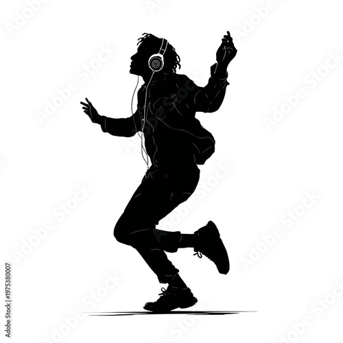 Silhouette of a person dancing with headphones on