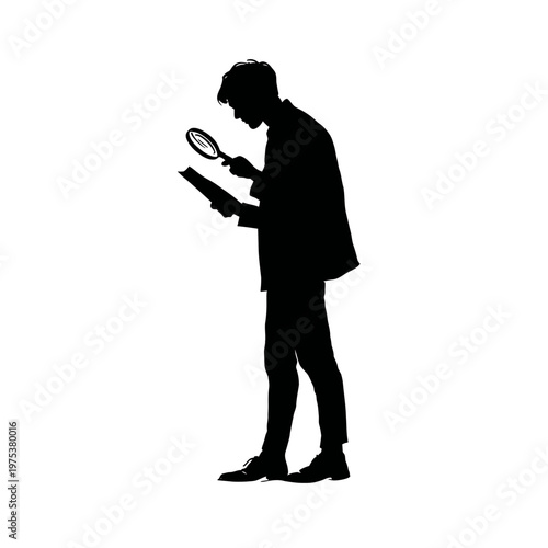 Silhouette of a Person Examining Document with Magnifier