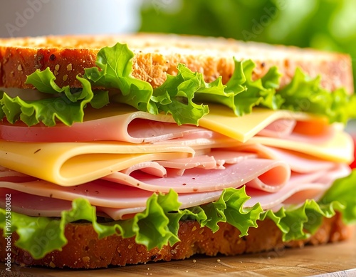 A close-up of a sandwich with ham, cheese, and lettuce on toasted bread