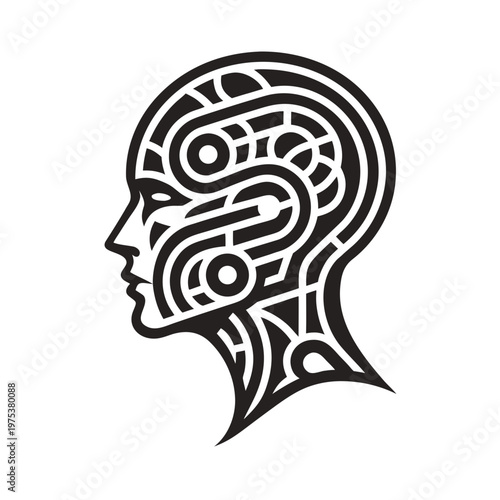 Robot head, humanoid face, circuit board design, black and white vector illustration