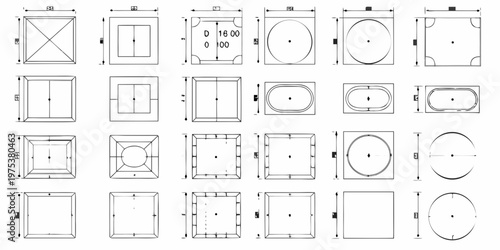 Technical drawings of various geometric shapes and their dimensional specifications