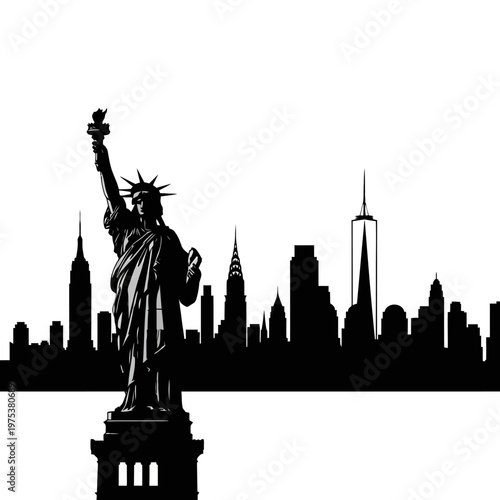 Silhouette of Statue of Liberty Against City Skyline