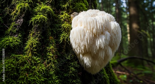 Lions Mane Mushroom on Mossy Tree Trunk in Forest.