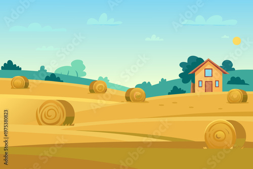 Golden hay bales rest in a vibrant rolling countryside landscape