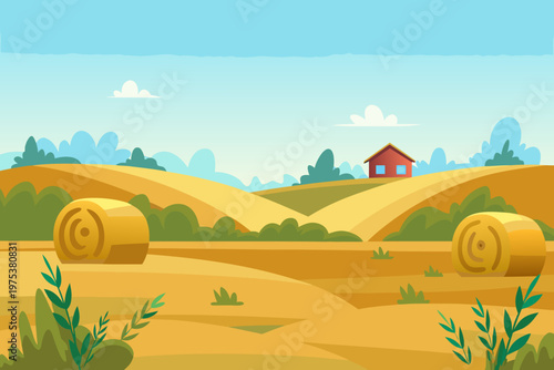A peaceful countryside scene with rolling hills and hay bales