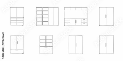 Line drawing of various cabinet and wardrobe designs for storage