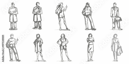 Diverse group of fashionably dressed people in a sketched style illustration