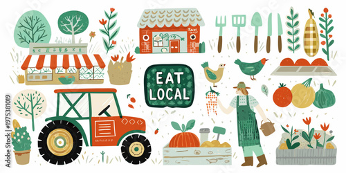 A colorful illustration depicting a farmers market and fresh produce scene