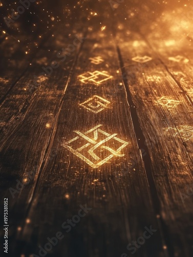 A wooden texture with engraved golden runes glowing softly, surrounded by sparkling dust 