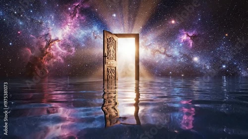 Mystical Doorway Opens to Infinite Galaxy Universe Over Reflective Water