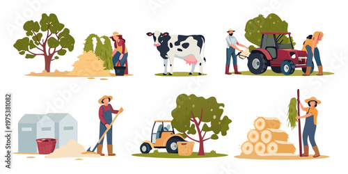 Illustrative farm scene depicting various agricultural activities and workers