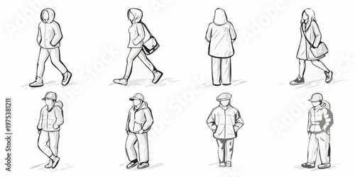 Sketch collection of diverse people in various casual outfits