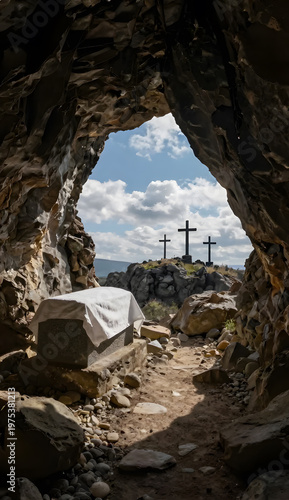 Cave opening with crosses against a pale blue sky