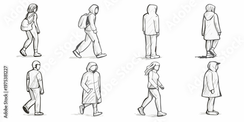Sketch of eight figures in various walking poses back and side views