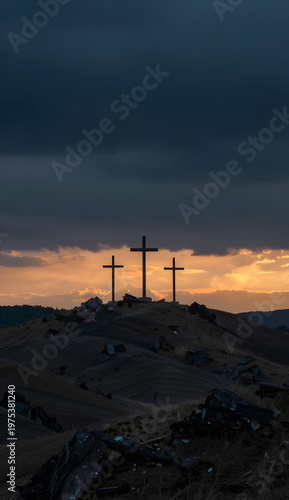 Three crosses on rugged hill beneath teal and navy sky