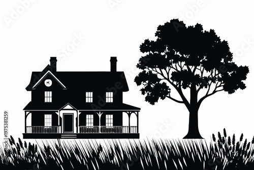 A black silhouette of a classic farmhouse with a tree and grass
