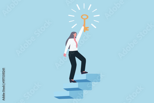 Woman reaching for a golden key while climbing a set of stairs