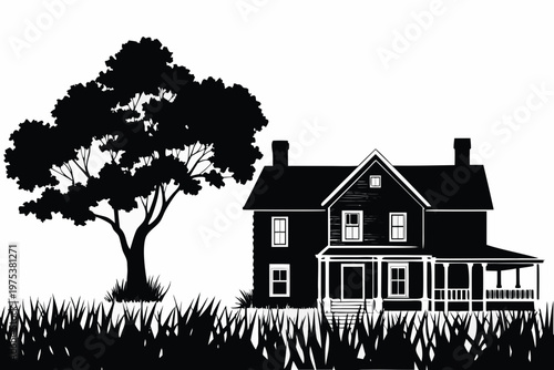 Black and white illustration of a classic victorian house with a tree