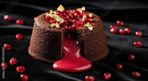 Chocolate lava cake with pomegranate seeds and edible gold leaf topping