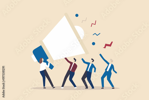 People amplifying a message through a large white megaphone illustration