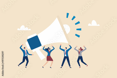 People celebrating a message being announced through a megaphone