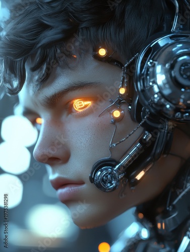 A young man with futuristic cybernetic enhancements, glowing neural interfaces, and chrome-plated features 