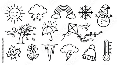 Collection of hand drawn weather icons and seasonal symbols representing different climates and atmospheric conditions in a simple doodle style