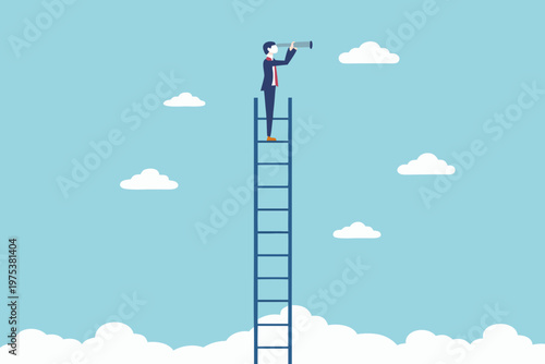 Man standing on a ladder looking through a telescope at the clouds