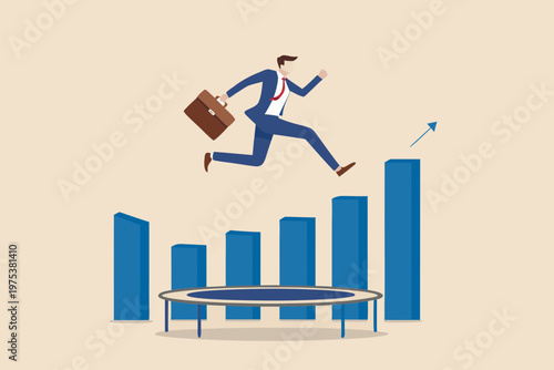 Business professional leaps forward jumping on a trampoline over growth charts
