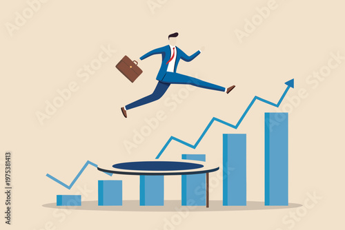 Businessman leaping forward on a rising graph symbolizing success