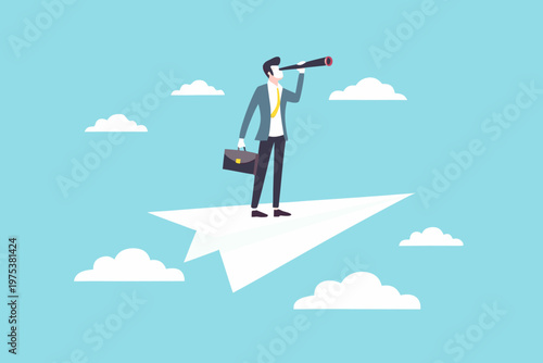 Businessman searches for opportunity while flying on a paper airplane