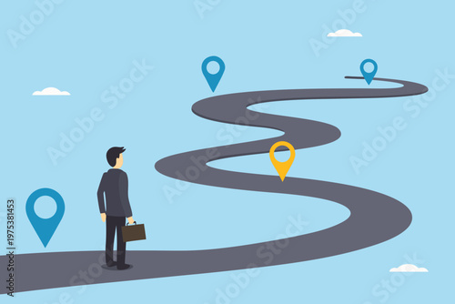 A businessman contemplates a winding road with multiple location markers